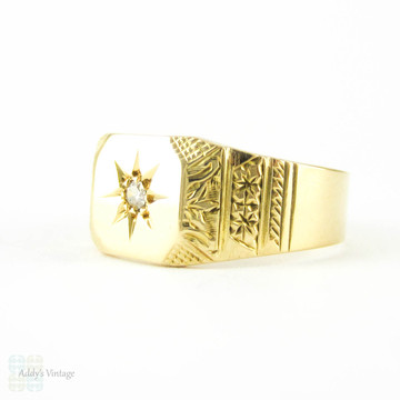 Art Deco Diamond Signet Ring, Engraved Men's Signet Ring with Single Diamond. 18ct Gold, Circa 1930s.