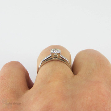 Art Deco Diamond Engagement Ring, Old European Cut in Square Shape Setting, 0.62 ctw Stamped Platinum.