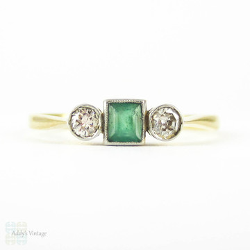 Emerald & Diamond Three Stone Engagement Ring, Bezel Set Square Cut Emerald & Round Diamonds. Circa 1930s, 18ct & Plat.