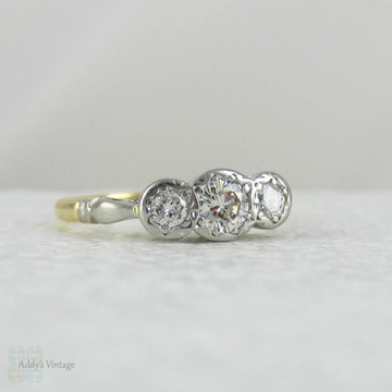 Vintage Diamond Trilogy Engagement Ring. Three Stone Round Brilliant Cut Diamond Ring in Yellow Gold & Platinum.