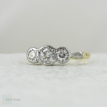 Vintage Diamond Trilogy Engagement Ring. Three Stone Round Brilliant Cut Diamond Ring in Yellow Gold & Platinum.