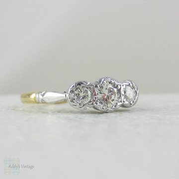 Vintage Diamond Trilogy Engagement Ring. Three Stone Round Brilliant Cut Diamond Ring in Yellow Gold & Platinum.
