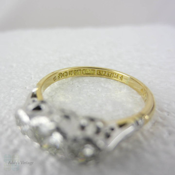 Vintage Diamond Trilogy Engagement Ring. Three Stone Round Brilliant Cut Diamond Ring in Yellow Gold & Platinum.