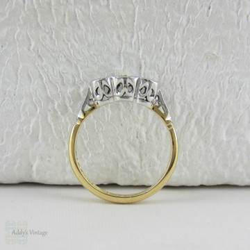 Vintage Diamond Trilogy Engagement Ring. Three Stone Round Brilliant Cut Diamond Ring in Yellow Gold & Platinum.