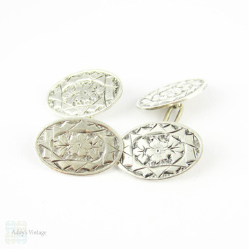 Victorian Sterling Silver Cuff Links, Men's Floral Engraved Oval Shaped Double Face Cufflinks. Full English Hallmarks, 1890s.