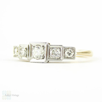 Five Stone Diamond Wedding Ring, Vintage Graduated Design Square Set Engagement Ring. Circa 1940s, 18ct PLAT.