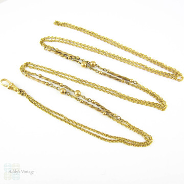 Antique Pinchbeck Long Guard Chain, 19th Century Fancy Link Twisted Rod & Ball Chain Necklace. 145 cm / 57 inches.