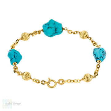 Turquoise 18ct Gold Bracelet, Large Turquoise with Grooved 18k Gold Beads Station Bracelet.