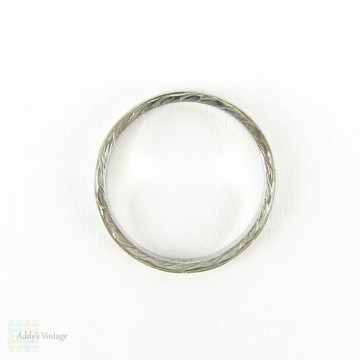 Antique Engraved Platinum Wedding Ring, Narrow Wreath Style Design Band with Engraved Sides. Circa 1910s, Size L.5 / 6.