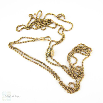 Victorian Gold Filled Long Guard Chain with Opal & Seed Pearl Slider. Antique Rope Chain Necklace with Dog Clip. Circa 1900, 117 cm / 48 inches.