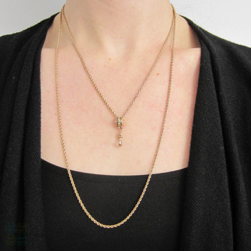 Victorian Gold Filled Long Guard Chain with Opal & Seed Pearl Slider. Antique Rope Chain Necklace with Dog Clip. Circa 1900, 117 cm / 48 inches.