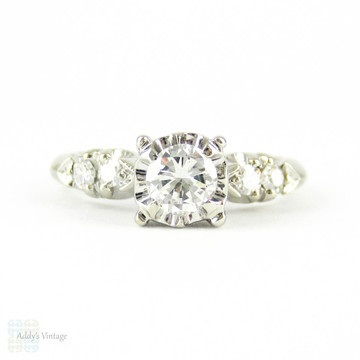 Diamond Engagement Ring, Vintage Round Brilliant Cut Diamond in 1940s Illusion Style 14K White Gold Setting, 0.45 ctw.