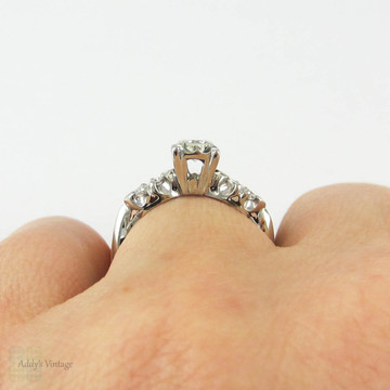 Diamond Engagement Ring, Vintage Round Brilliant Cut Diamond in 1940s Illusion Style 14K White Gold Setting, 0.45 ctw.