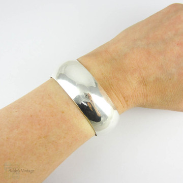SALE Vintage Sterling Silver Cuff Bracelet, Heavy Domed Mid 20th Century Simple Half Round Bracelet for Small Wrist.