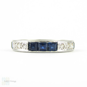 Sapphire & Diamond Eternity Ring, Art Deco Full Hoop Wedding Ring Channel Set in Platinum. Size L.5 / 6, Circa 1930s.