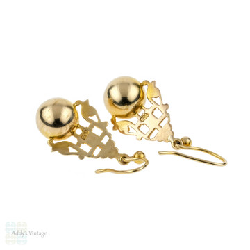9ct Gold Drop Earrings, Vintage Ornate Carved Design with Golden Spheres. Pierced Earrings.