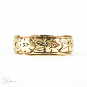 Antique 9ct Orange Blossom Wedding Ring, Engraved Flower Design Wedding Band. Circa 1900, Size N.5 / 7.