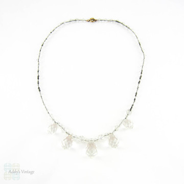Art Deco Crystal Beaded Necklace. Leaded Glass Crystals in Teardrop Pear Shape on Original Wire. Short Bridal Necklace, Circa 1930s.