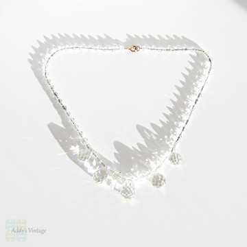 Art Deco Crystal Beaded Necklace. Leaded Glass Crystals in Teardrop Pear Shape on Original Wire. Short Bridal Necklace, Circa 1930s.