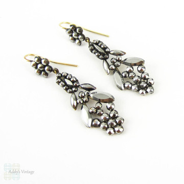 Antique Cut Steel Earrings, Victorian Cluster Cut Steel Hobnail & Leaf Design. 9ct Gold Earwires, Circa 1860s.