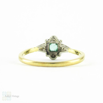 Art Deco Emerald & Diamond Engagement Ring, Square Cut Emerald in Diamond & Engraved Setting. Circa 1920s, 18ct & Platinum.