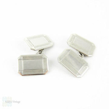 Art Deco Sterling Silver Cuff Links, Men's Rectangular Shape Engine Turned Double Faced Cufflinks. Circa 1930s.