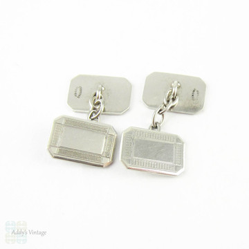 Art Deco Sterling Silver Cuff Links, Men's Rectangular Shape Engine Turned Double Faced Cufflinks. Circa 1930s.