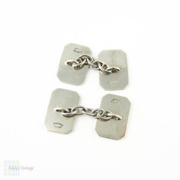Art Deco Sterling Silver Cuff Links, Men's Rectangular Shape Engine Turned Double Faced Cufflinks. Circa 1930s.