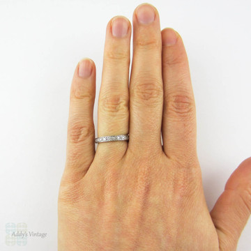 Art Deco Diamond Eternity Ring, Platinum Full Hoop Diamond Wedding Ring with Engraved Sides. 0.44 ctw, Size K / 5.25.