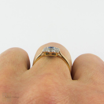Edwardian Sapphire & Diamond Engagement Ring, Blue Square Step Cut Sapphire in Diamond Halo with Milgrain Edge. Circa 1900, 18ct.