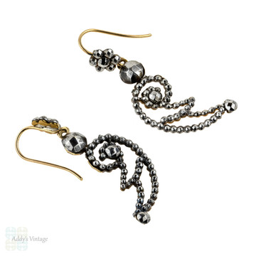 Antique Cut Steel Earrings, Victorian Winged Design Cut Steel Drops. 9ct Gold Earwires, Circa 1860s.