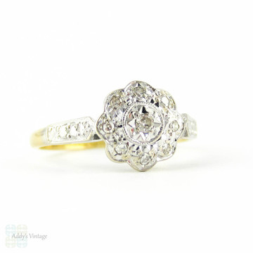 Vintage Diamond Engagement Ring, Daisy Flower Shape Cluster Ring with Engraved Setting. Circa 1960s.