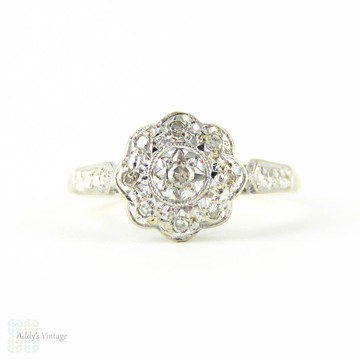 Vintage Diamond Engagement Ring, Daisy Flower Shape Cluster Ring with Engraved Setting. Circa 1960s.