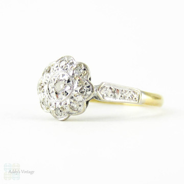 Vintage Diamond Engagement Ring, Daisy Flower Shape Cluster Ring with Engraved Setting. Circa 1960s.