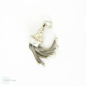 Victorian Sterling Silver Tassel Charm. 6 Strand Tassel for Fob with Ribbed and Lined Engraved Design, Circa 1880s.