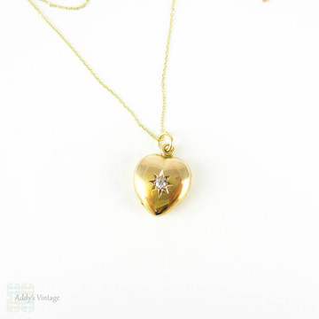 Victorian 15ct Puffed Heart Pendant with Old Cut Diamond, Circa 1890s.