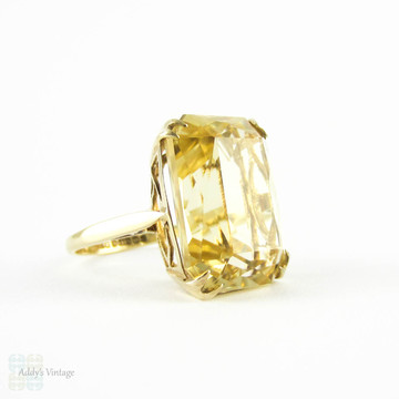 Huge Vintage Citrine Dinner Ring, Large Rectangle Shape Yellow Citrine in Double Claw Setting.  9ct Yellow Gold, 1990s.