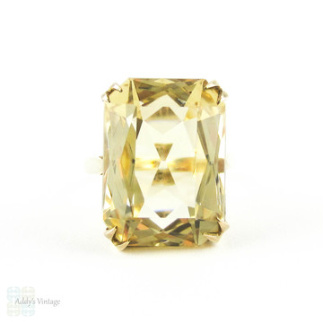Huge Vintage Citrine Dinner Ring, Large Rectangle Shape Yellow Citrine in Double Claw Setting.  9ct Yellow Gold, 1990s.