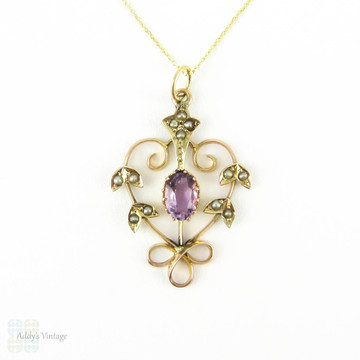 Edwardian Amethyst & Split Pearl Pendant. Floral Design 9ct Gold Pendant, Circa 1900s on 9k Chain.