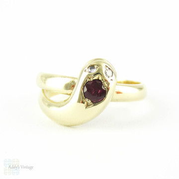 Vintage Snake Ring with Ruby Head & Diamond Eyes, Coiled Serpent Ring. 9 ct Yellow Gold, Circa 1980s.