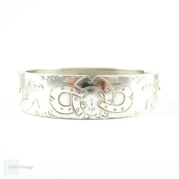 Antique Victorian Sterling Silver Bracelet, Horseshoe & Lily Of The Valley Engraved Bangle. Full English Hallmarks, 1880s.