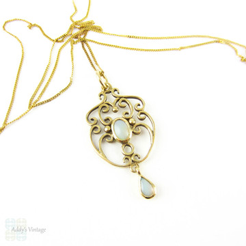 Edwardian Style Opal Filigree Pendant in 9 Carat Yellow Gold. Vintage Pear Drop Pendant on 9k Chain.