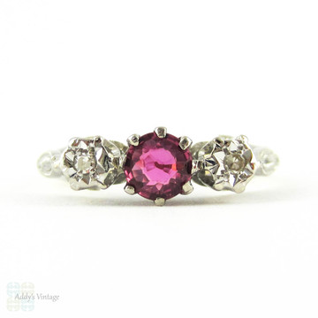 Mid Century Pink Sapphire & Diamond Engagement Ring, Two Tone 18ct Three Stone Ring in Engraved Mounting. Circa 1960s.