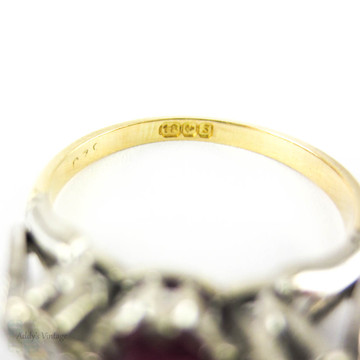 Mid Century Pink Sapphire & Diamond Engagement Ring, Two Tone 18ct Three Stone Ring in Engraved Mounting. Circa 1960s.