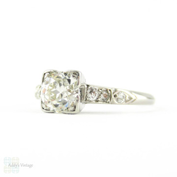Old Mine Cut Diamond Engagement Ring, 0.61 ct Antique Diamond in Art Deco Square Shape Platinum Mount.