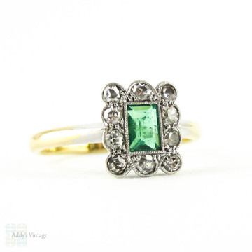 Art Deco Emerald & Diamond Engagement Ring, Rectangle Step Cut Emerald with Diamond Halo. Circa 1910s, 18ct & Plat.