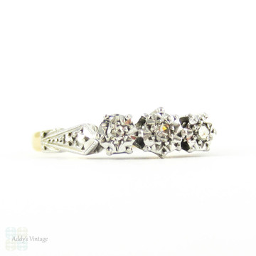 Art Deco Diamond Engagement Ring, Three Stone Diamond Ring in Engraved Setting with Milgrain. 18ct & PLAT, Circa 1930s.