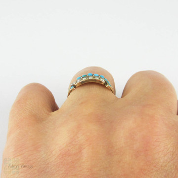 Antique Turquoise Paste & Seed Pearl Double Row Ring, 15ct Gold Victorian Bypass Design Circa 1870s.