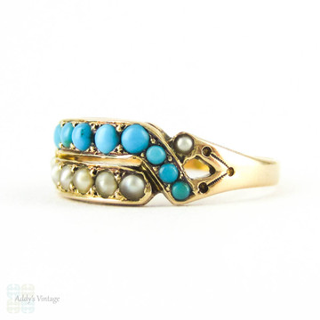 Antique Turquoise Paste & Seed Pearl Double Row Ring, 15ct Gold Victorian Bypass Design Circa 1870s.