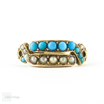 Antique Turquoise Paste & Seed Pearl Double Row Ring, 15ct Gold Victorian Bypass Design Circa 1870s.